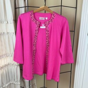 Quacker Factory Vibrant Pink Studded Cardigan with Attached Shell SIze S NWT